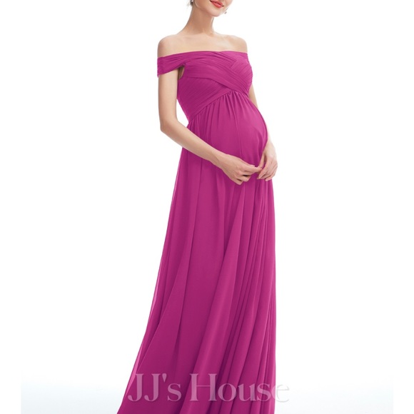 Floor length chiffon maternity dress- Fuchsia - Picture 2 of 5